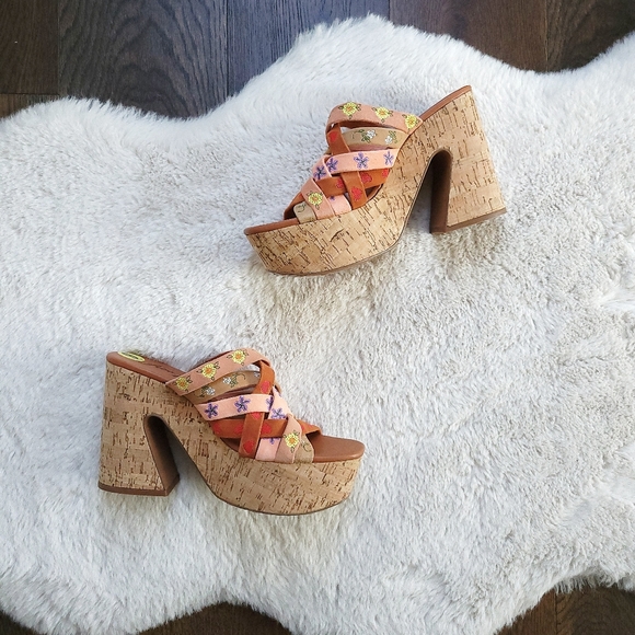 Free People Lisbon Sandbar Multi Suede Leather High Heel Platform Mules - Picture 3 of 13